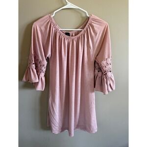 WinWin Ruffle Sleeve Tunic Top S-M Pink Crochet Bell Sleeve Dress